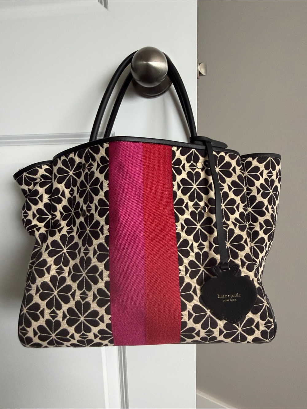 kate spade Black & Cream Floral Tote with Pink and Red Center Stripe